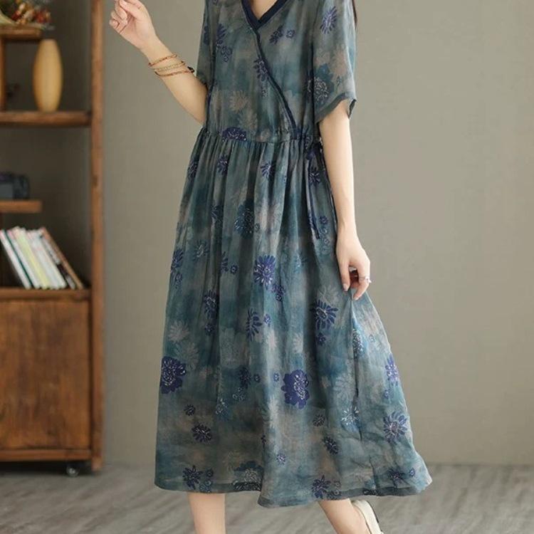 Women's V-neck Ramie Dress: Loose Fit, Short Sleeve, Side Drawstring Waist, Printed, Summer Fashion