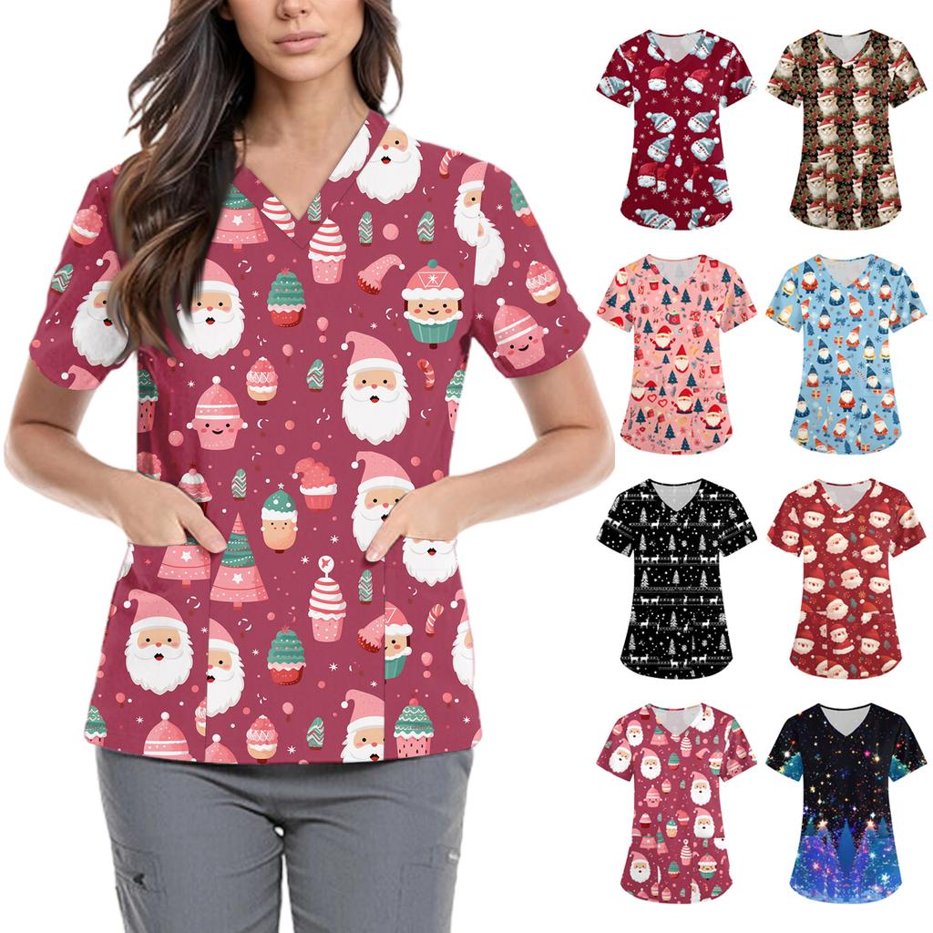 Dame Søt Sløyfe Trykket Arbeidsklær V-hals Dobbelt Lag Lommer Basic Kortermet Topp Pullover