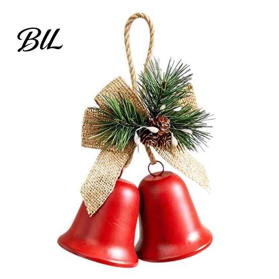 Vintage Style Hanging Decorations Christmas Bell Ornaments, Metal Double Jingle Bells Xmas Tree Retro Iron Ornaments Decoration with Pinecones Berries