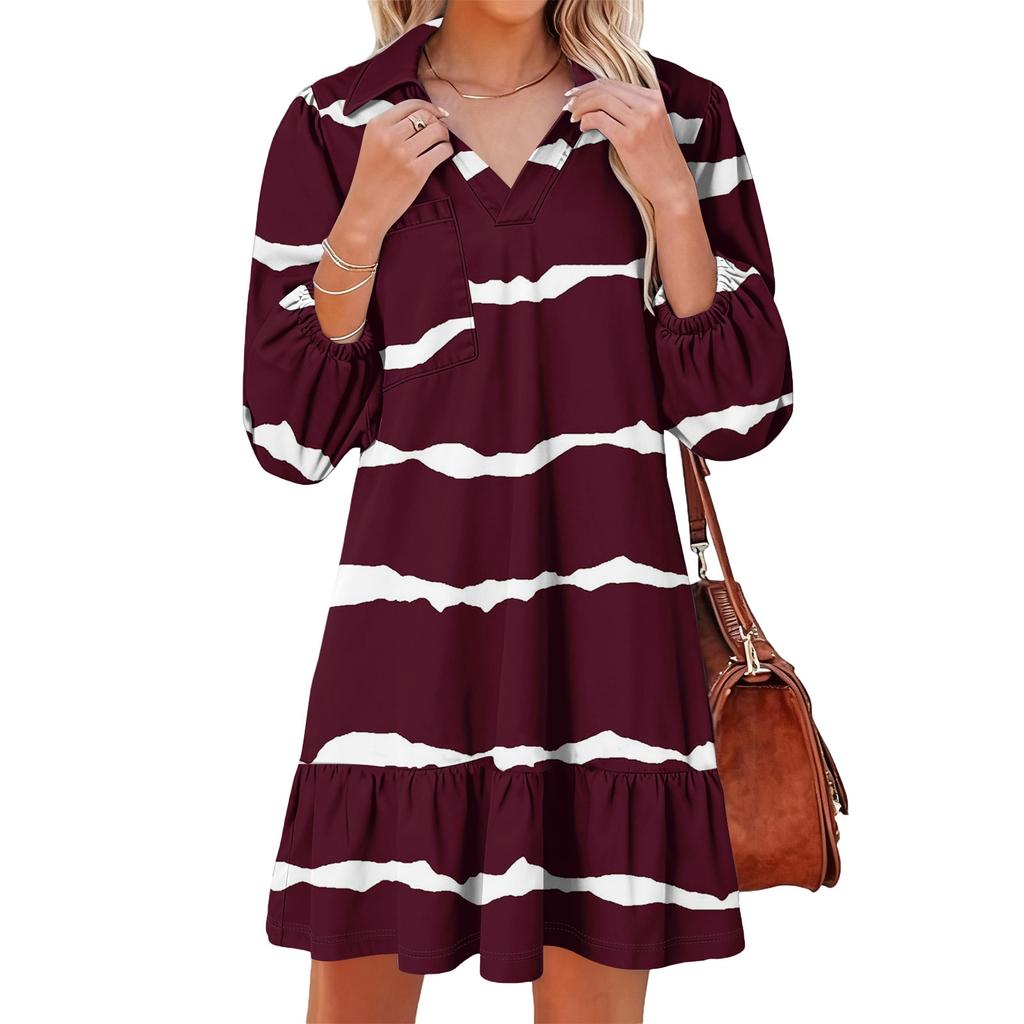 Damenmode Elegant Herbst Und Winter Langarm V-Ausschnitt Weihnachtsprint Kleid