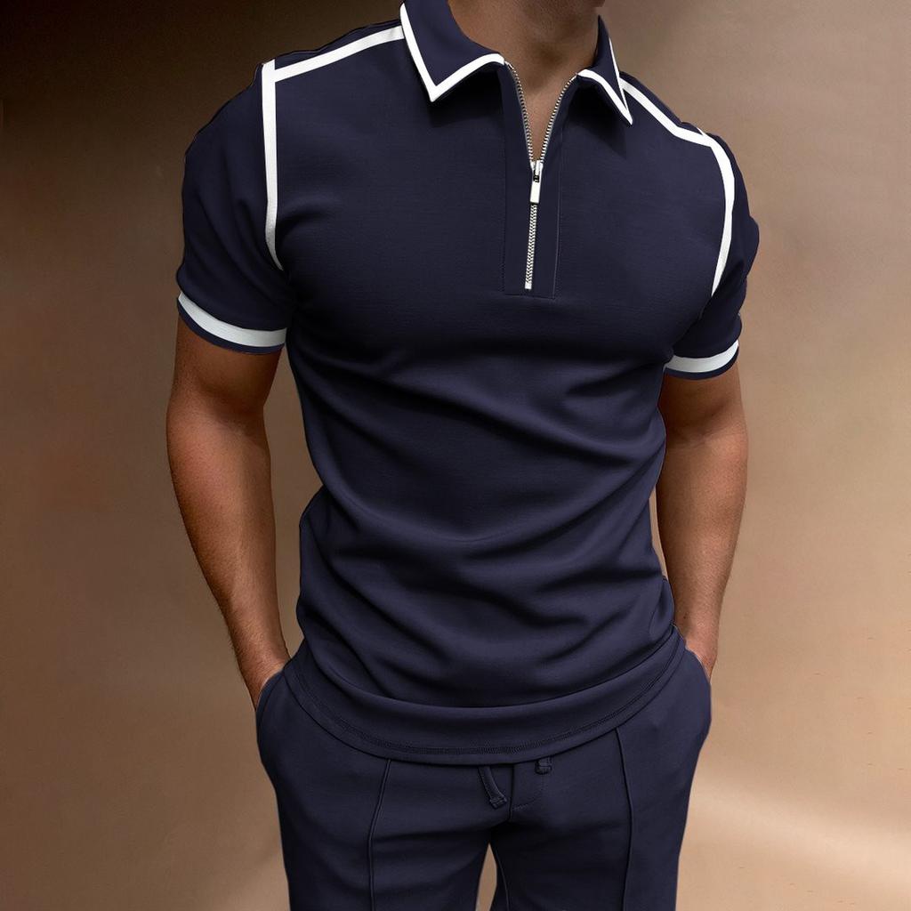 Fashionable Polo Shirt with Zip and Colour-Blocking: Men's Casual, Versatile, Short-Sleeved, Relaxed-Fit Polo Shirt
