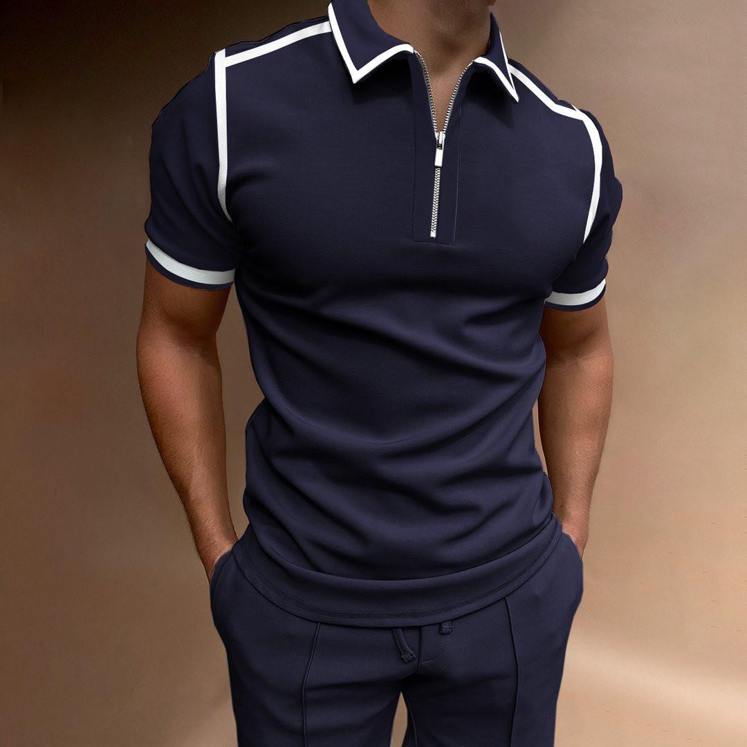

Men s summer zipper color blocked sports polo shirt XL чёрный