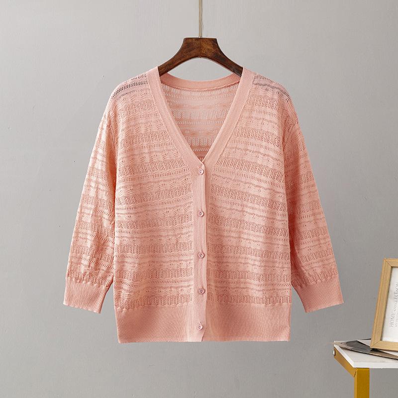 Dlouhý rukáv s výstřihem do V Dutý pulovr pro Femme Dámské Jednobarevné Knoflíček Tenké ledové šifonové halenky Košile Měkký a prodyšný úpletový top