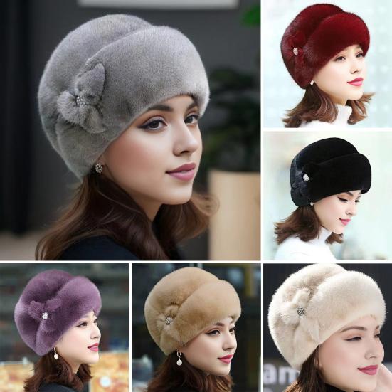 Mid-aged Women Winter Hat Thick Plush Faux Fur Heat Retention Windproof Solid Color Rhinestone Decor Outdoor Cycling Skiing Beanie