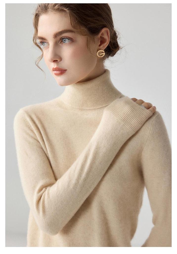 Women's High Neck Cashmere Sweater - Long Sleeve Wool Knit Solid Color Top for Autumn/Winter