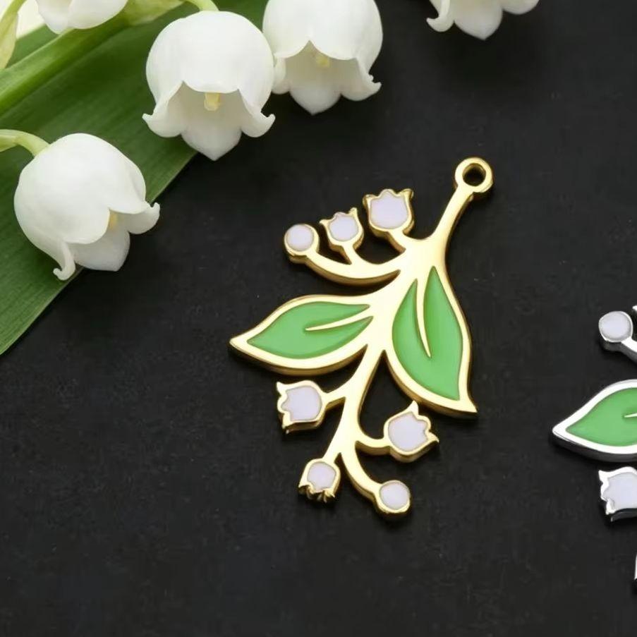Teamer 1pc Enamel Lily Of The Valley Pendant Gold Color Stainless Steel DIY Making Charms For Necklaces Trendy Jewelry Gift