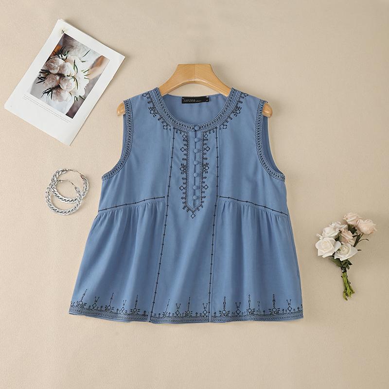 ZANZEA Women Casual Round Neck Loose Sleeveless Print Tank Tops