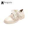 Riband Lace up oxford shoes women plaid fabric flats square toe loafers autumn/winter student small leather shoes woman big size