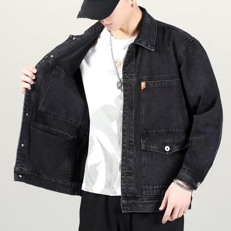 Denim Jacket Men Distressed Turn Down Collar Coats Single Breasted Washed Outerwear Loose Fit Pockets