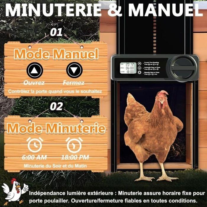 Porte automatique pour poulailler en alliage d'aluminium - minuterie LCD, capteur anti-pincement, 3×AA