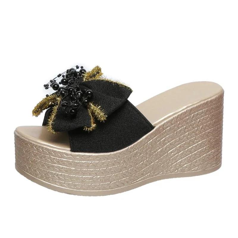 Damesko Lansering Nye Sommerslippers for Damer Miksfarge Sløyfe Perle Åpen Tå Høy Hæl Slippers