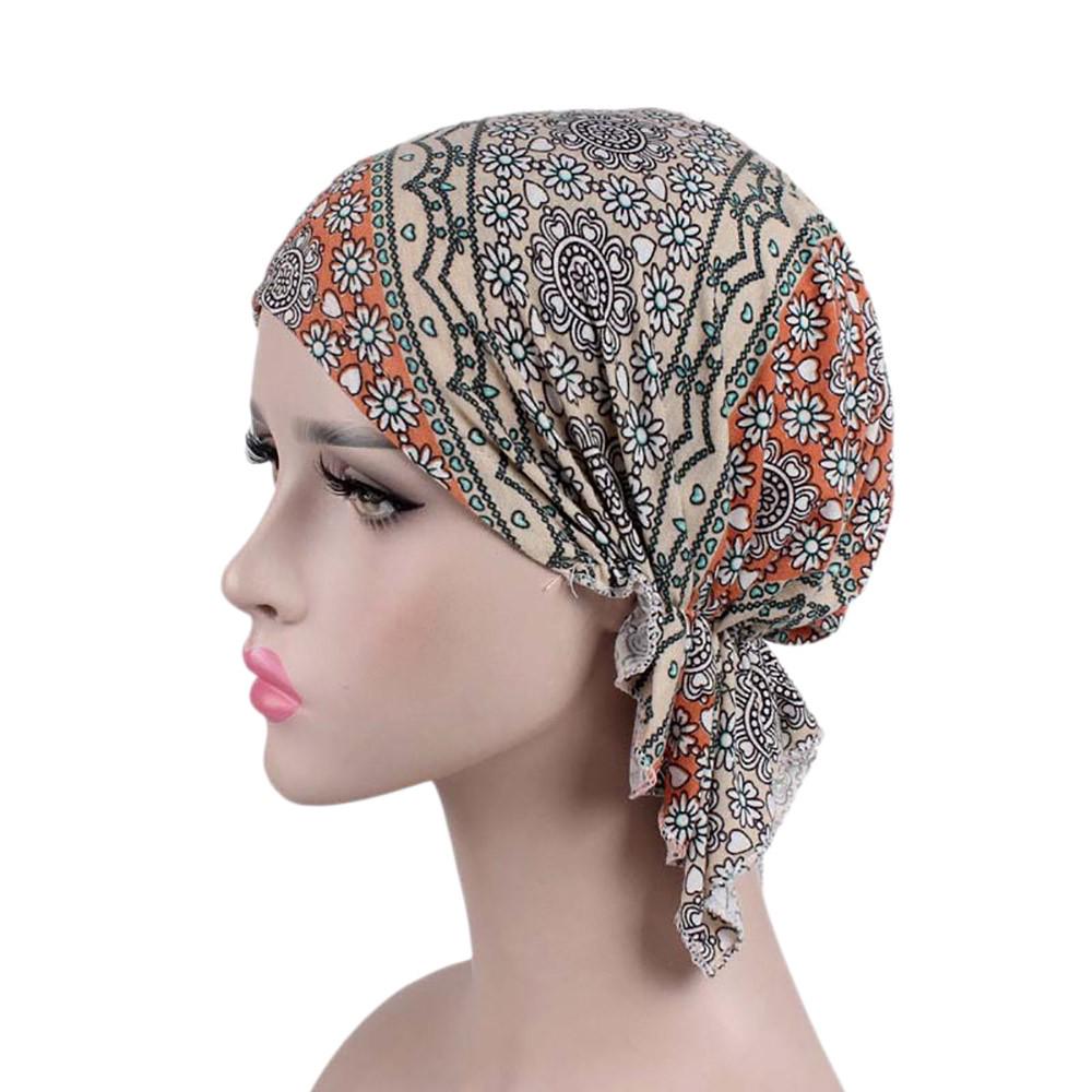 Kvinner India Muslim Elastisk Turban Print Cotton Hat Head Scarf Wrap