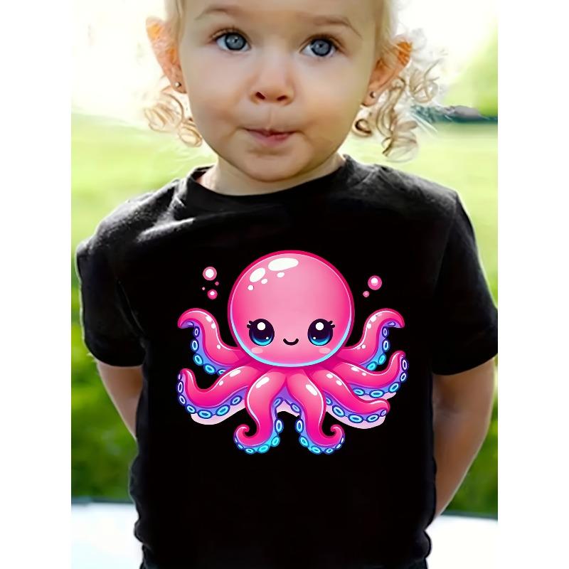 Girls Cute Cartoon Octopus Print Crewneck Short Sleeve Tee