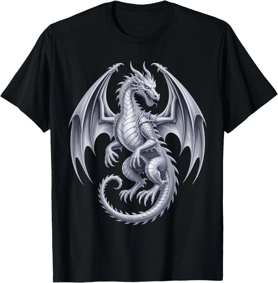 Vintage Mythical Fantasy Creature Dragon Art Silver Dragon T-Shirt L