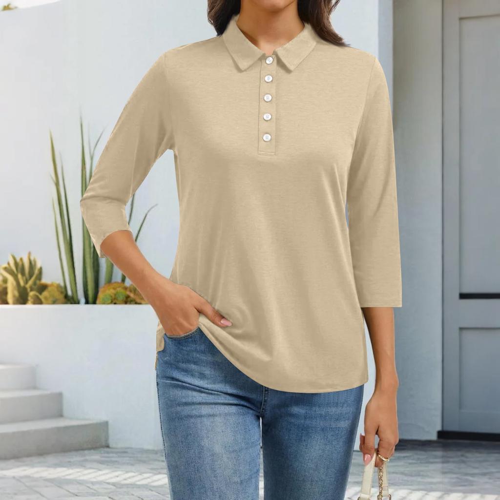Women's Fashion Casual Lapel Short 3/4 Sleeve Solid Color Shirt Women's Button Up Tops