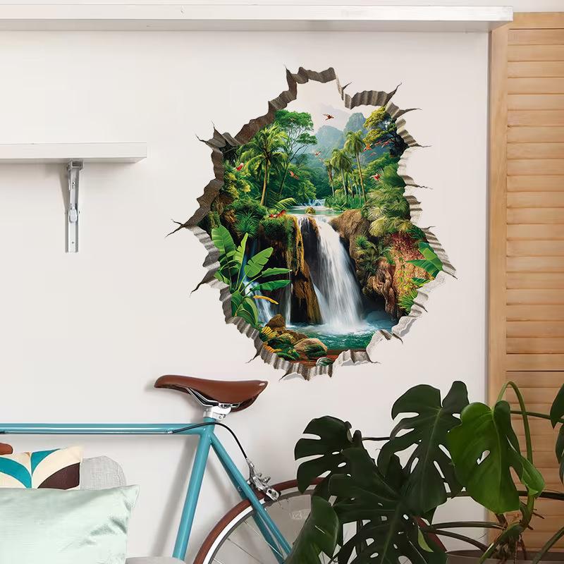 Breakwall 3D Tropical Rainforest Waterfall Wall Decal for Bath Wall Decoration - Landscape Sticker