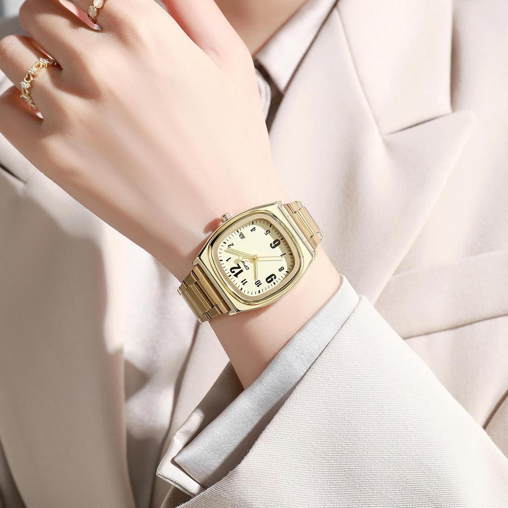 Square Watch Women Calendar Luminous Analog Display Cute Fashion Stainless Steel Band Waterproof Quartz Wristwatch Fashion Accessory - Birthday