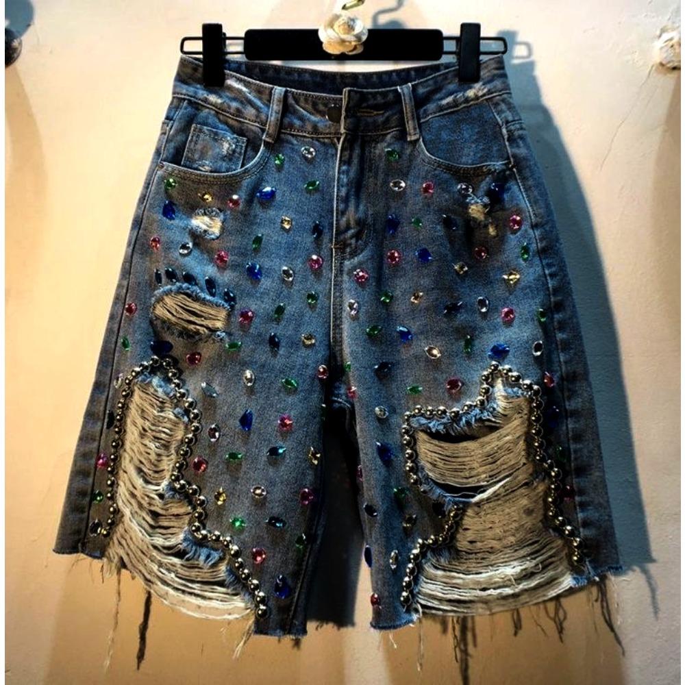 Damen High Waist Denim Bermuda Shorts Locker Geschnitten Strass Perlen Used Ausgefranste Jeansshorts