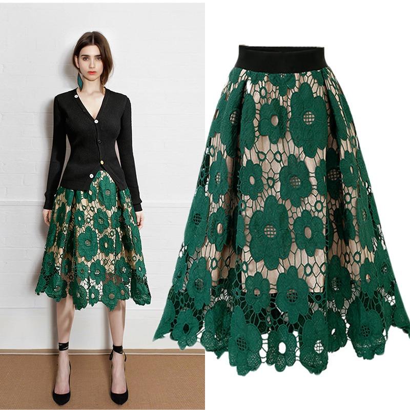 Crochet Hollow Out Flowy Patterned Lace Skirt Casual High Elastic Waist Below Knee Skirt Women's A Line Skirts Elastic Waist Skirts