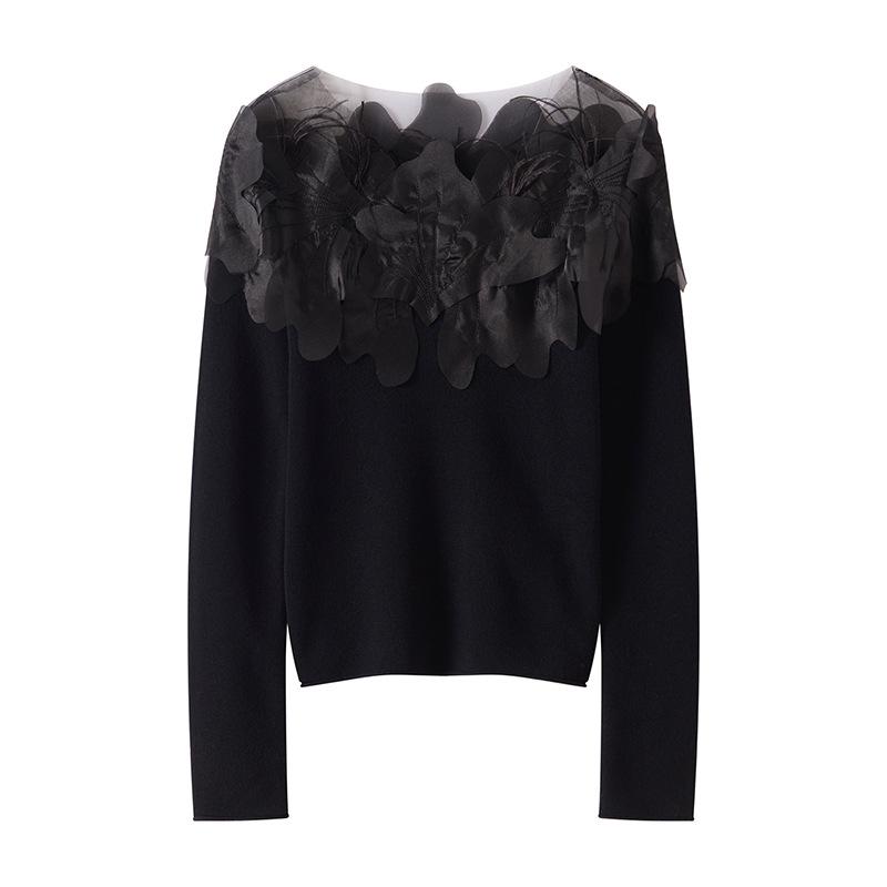 Swan Neck Cashmere Sweater with Hand-Embroidered Flowers: One-Shoulder, Sexy, and Three-Dimensional Feather Design
