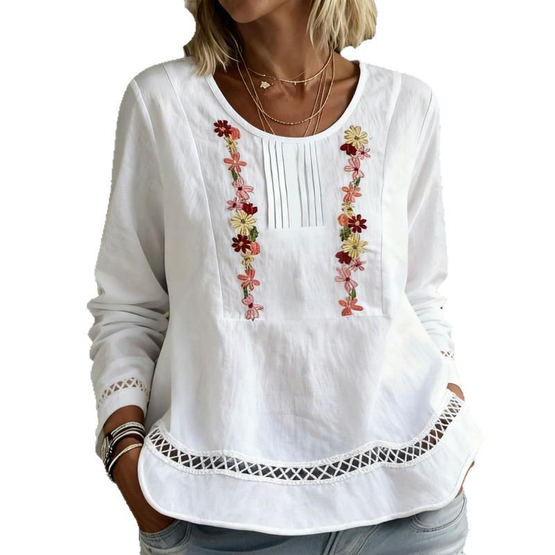 2025 Women's Long Sleeve Lace Patchwork Casual Shirt - Elegant Solid Color