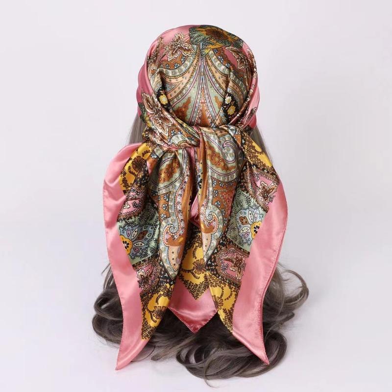 Eșarfă pentru cap femei de marcă de lux pătrată 90*90cm Bandana de satin de mătase Foulard Moale Batic Hijab Eșarfe de păr pentru doamne