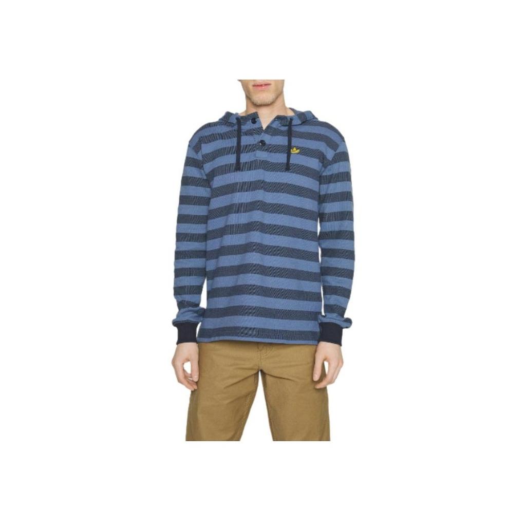 Adidas Originals Logo Print Ribbed Cuff Striped Hooded Sweatshirt Men Sweatshirt Blue IR7593