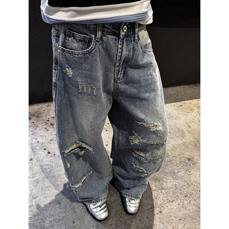 American ripped jeans men's spring and autumn new straight loose wide-leg casual pants washed trousers men