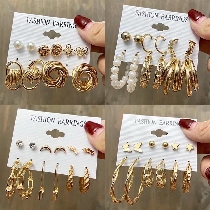 IF ME Fashion Butterfly Gold Earring Set Retro Pearl Pendant Stud Earrings Women Jewelry Accessories