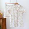 2026 Nuovo Set Pigiama Estivo da Donna 100% Cotone Crepe Manica Corta Pantaloncini Carino Cardigan Set Vestiti da Casa Sottili Pigiami Donna