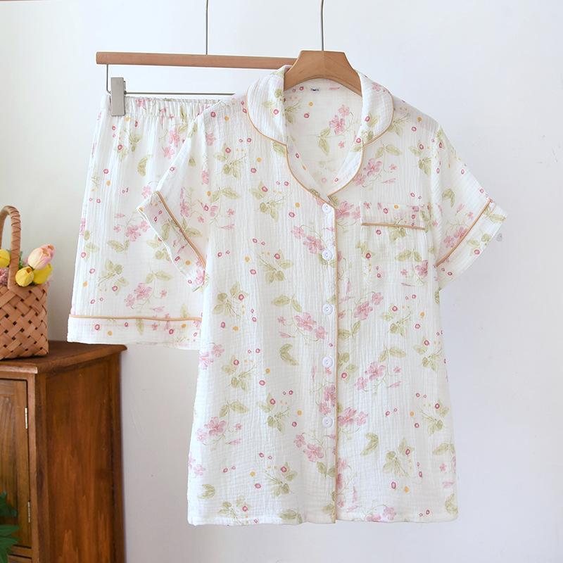 2026 Nuovo Set Pigiama Estivo da Donna 100% Cotone Crepe Manica Corta Pantaloncini Carino Cardigan Set Vestiti da Casa Sottili Pigiami Donna