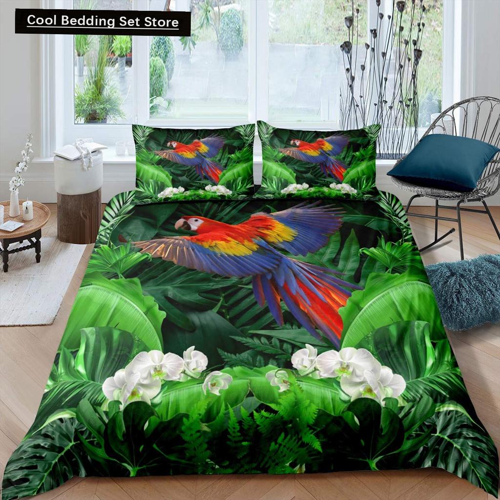 Parrot King Queen Duvet Cover Colourful Feather Bedding Set Rain Trees Bird Quilt Cover Sunset Mountain Natural Comforter Cover