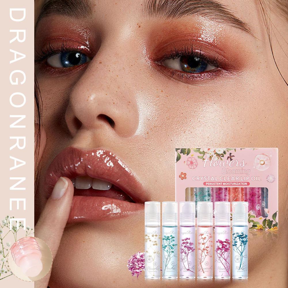 Dragon Ranee 6pcs Dried Flower Clear Lip Oil Set - Hydrating & Moisturizing, Rollerball Application, Autumn/Winter Essential
