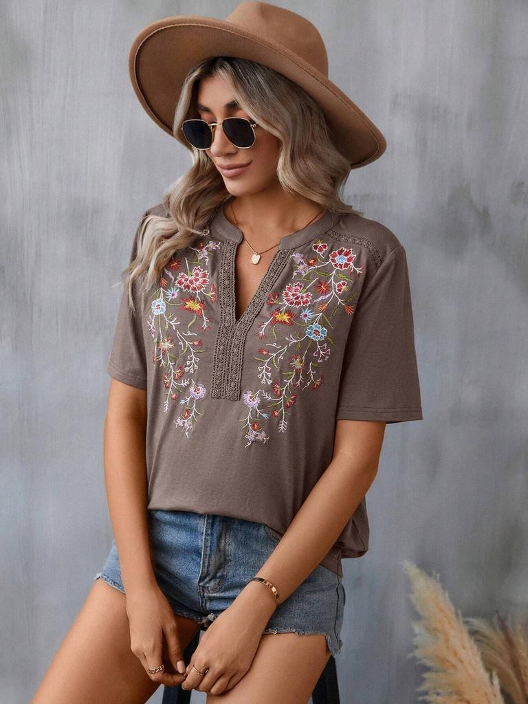 Women's Printed Stand-up Collar Ramie Shirt Top