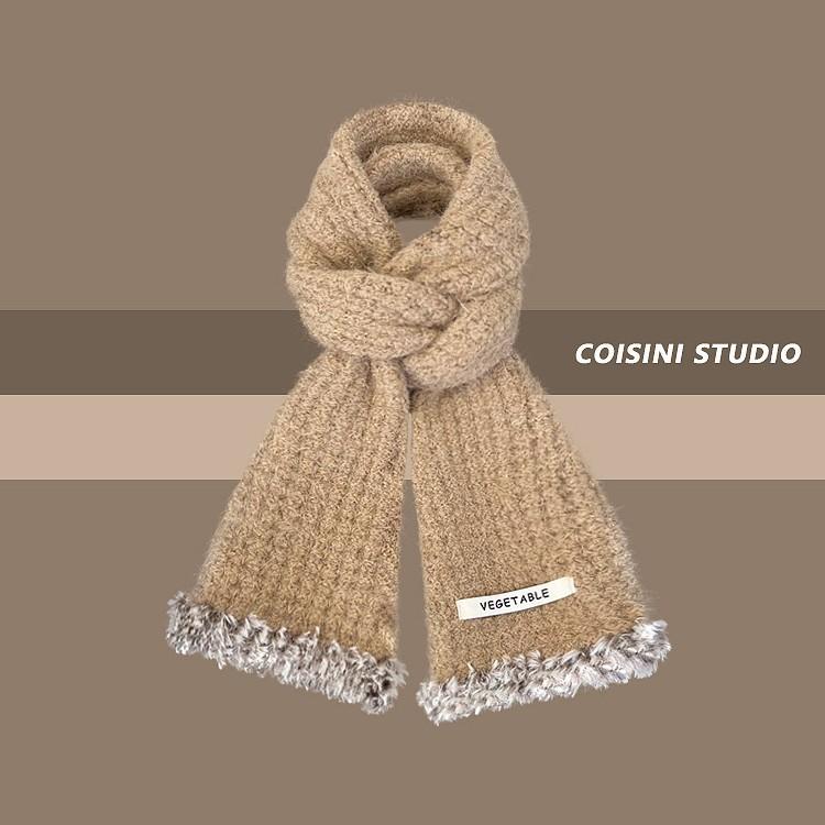 New Soft and Waxy Raw Edge Knitted Small Scarf for Women in Autumn and Winter Warm and Versatile Student Couple Woolen Scarf Trendy