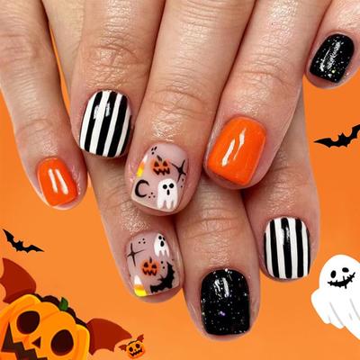 Halloween Ghost & Pumpkin Wearable Nail Set: Black/White Stripes with Glitter, 24-Piece