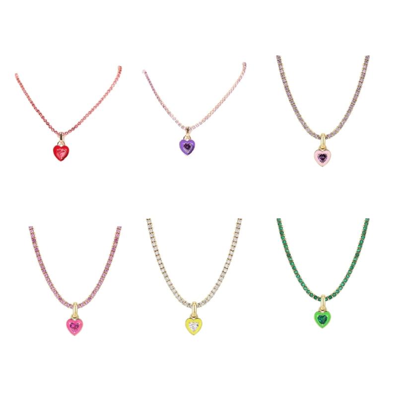 Colorful Zircon Heart Neckchain Tennis Chain Necklace for Women Fashionable Rhinestone Choker Versatile Jewelry Decor