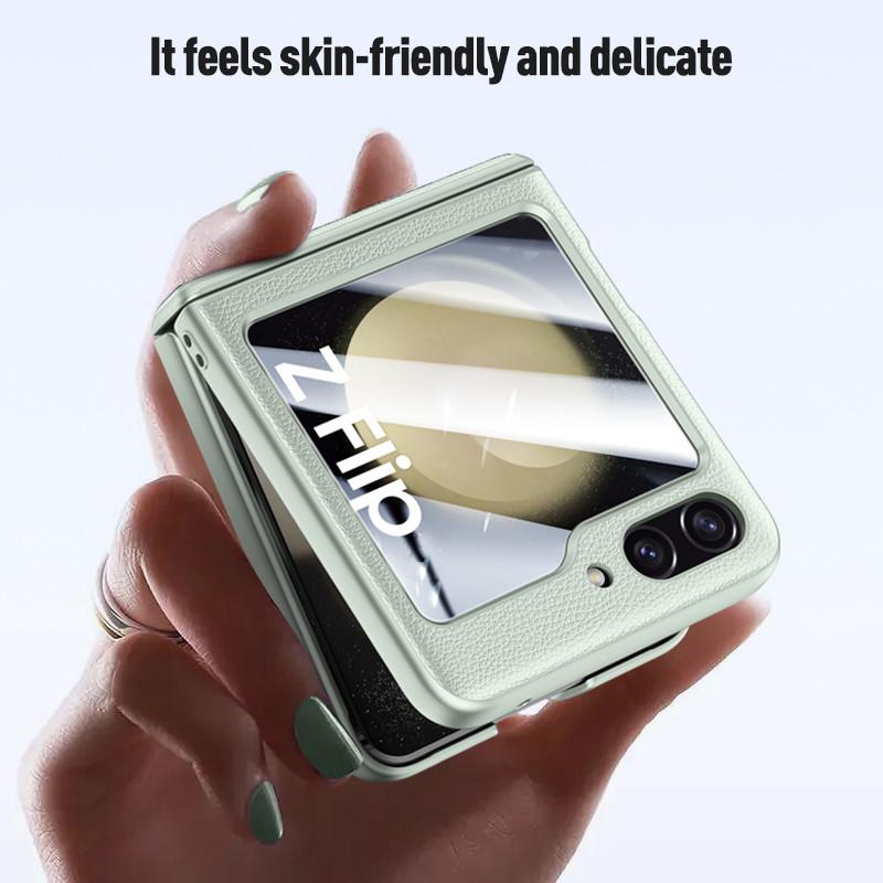 For Galaxy Flip5 5G Luxury Leather Tempered Glass Film Case for Samsung Galaxy Z Flip 5 Flip5 Hinge Protection Cover Capa