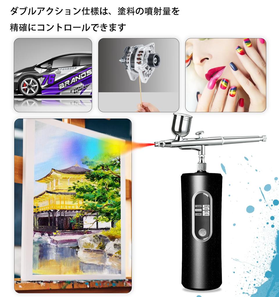Fascinated Rechargeable Airbrush with Battery Level Visualizer, Dual Action, Three Adjustable Pressure Modes (High, Medium, Low), 0.3mm Diameter, for