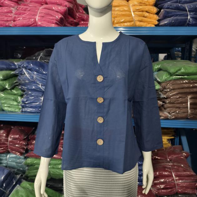 T-shirt Estiva da Donna 2025 Europea & Americana Scollo a V Larga Bottoni Cotone Lino