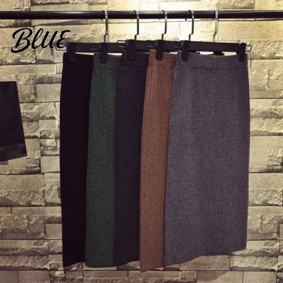 Solid Color Midi Skirt Women Knitting High Waist Back Slit Design Soft Breathable Thickened Warm Hip Wrapped
