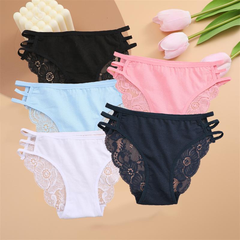 5PCS Women Lace Floral Underpants Sexy Triple Belts Panties Female Low-Waist Perspective Briefs Soft Lingerie Underwear