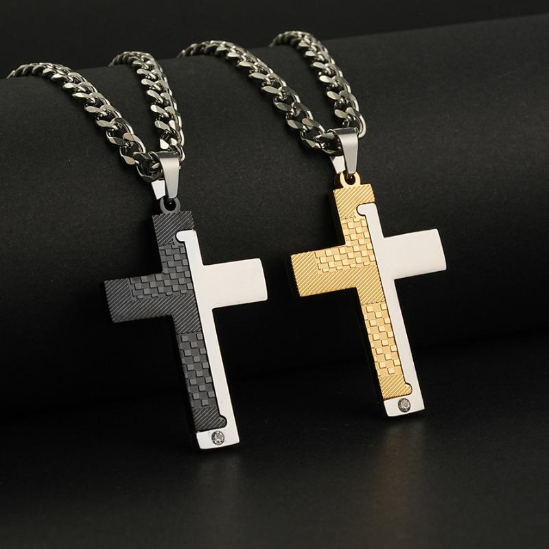1Pcs Gothic Style Titanium Steel Cross Pendant Necklace, Motorcycle Punk Black Silver Crystal Jewelry For Men N6337