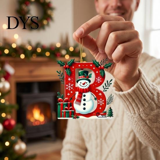 Lightweight Acrylic Alphabet Decorations 26Pcs Christmas Ornament Set, 2D A-Z Letters with Customized Tree Baubles Santa Hat Snowman Design,