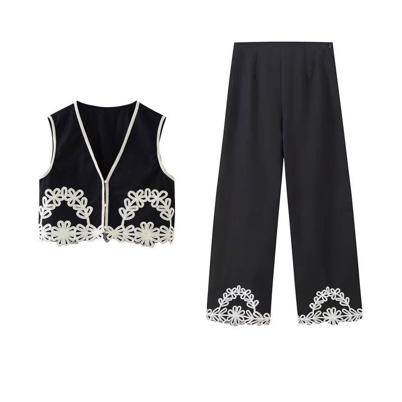 Spring New Design Sense Retro Short V-neck Embroidered Vest High Waist Wide Leg Casual Embroidered Trousers