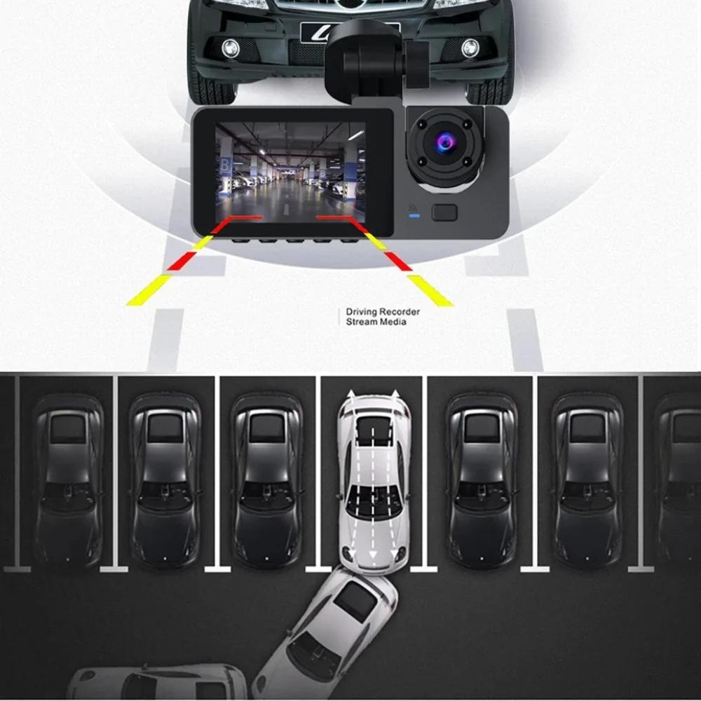 New 1080P HD Night Vision Car Driving Recorder 3-Channel Camera Video Recorder DVR Black Box Dual Lens with Rearview Camera HD Reversing Image