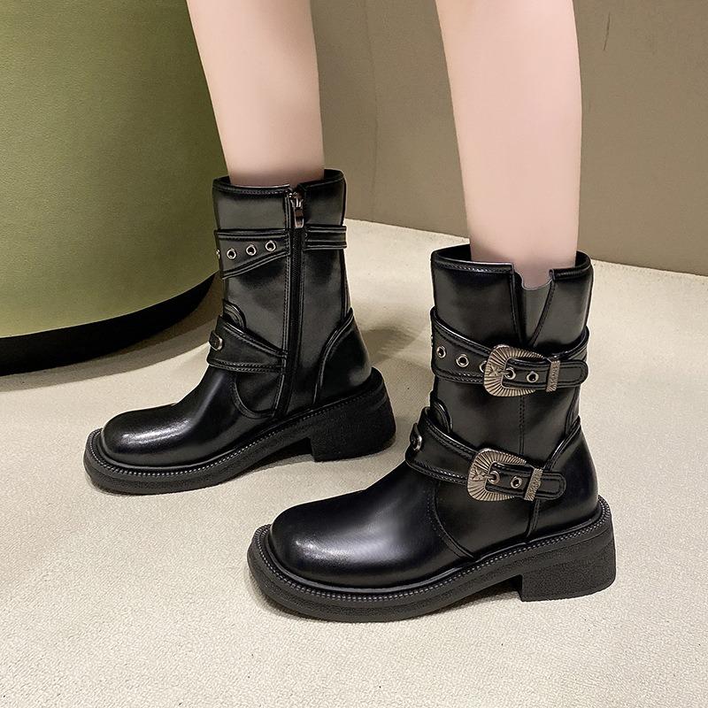 Short Shoes for Women Female Ankle Boots Platform with Laces Combat Lace-up Footwear Chunky Booties Punk Style Leather