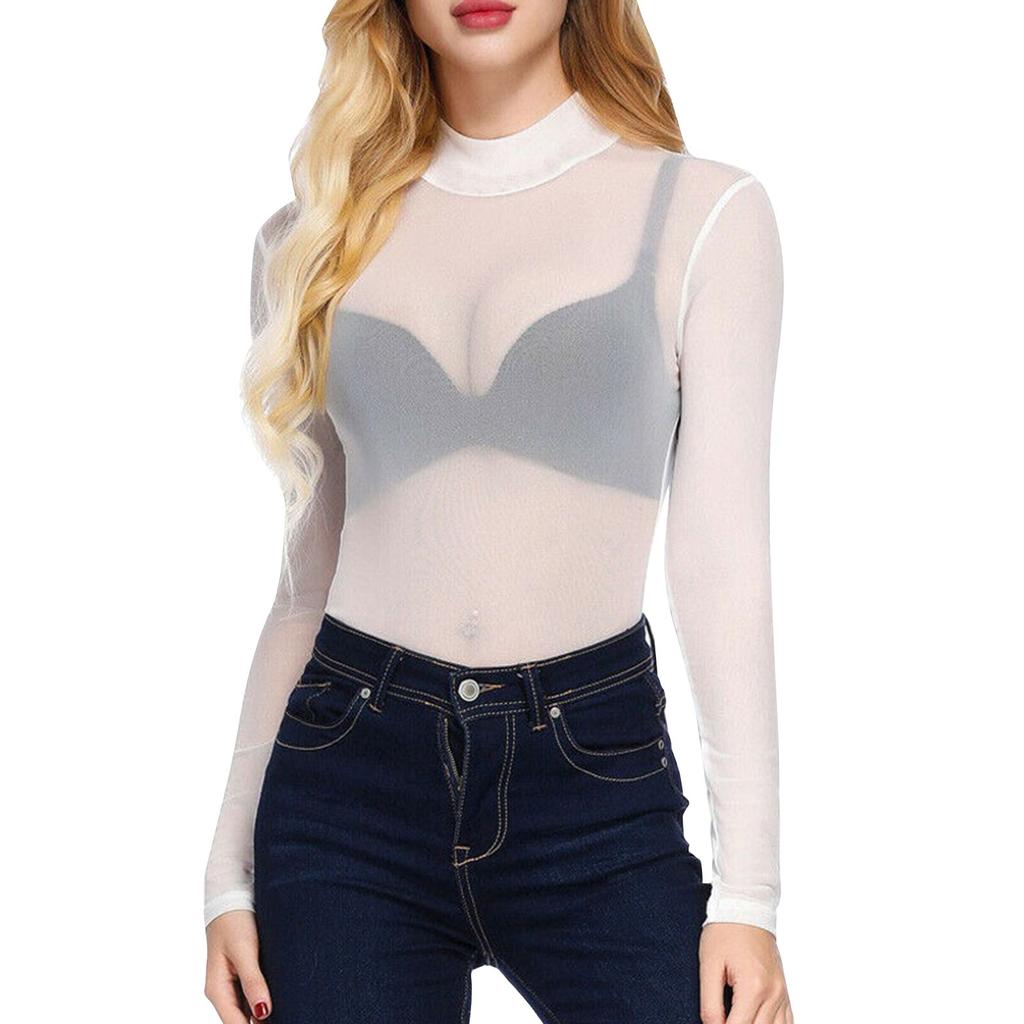 Camisa feminina sexy de verão, malha ultrafina, elástica, justa, manga comprida, gola meia-alta