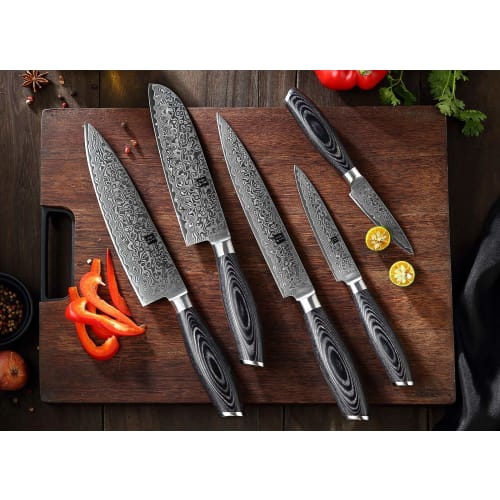 XINZUO 5-Piece Kitchen Knife Set, Damascus Steel, High Carbon Steel Chef Knife, Slicing Knife, Santoku Knife, Utility Knife, Paring Knife Set, Pakkawo