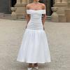 Spring New French INS Style Off-the-shoulder Temperament Thin Pleated Dress Elegant Style